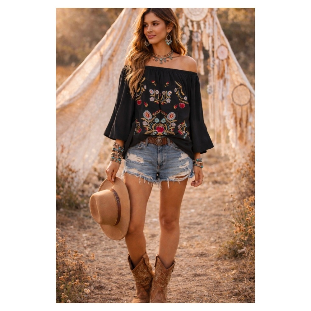 Boho Embroidered Off The Shoulder Blouse Black Floral Balloon Sleeve  Unbranded